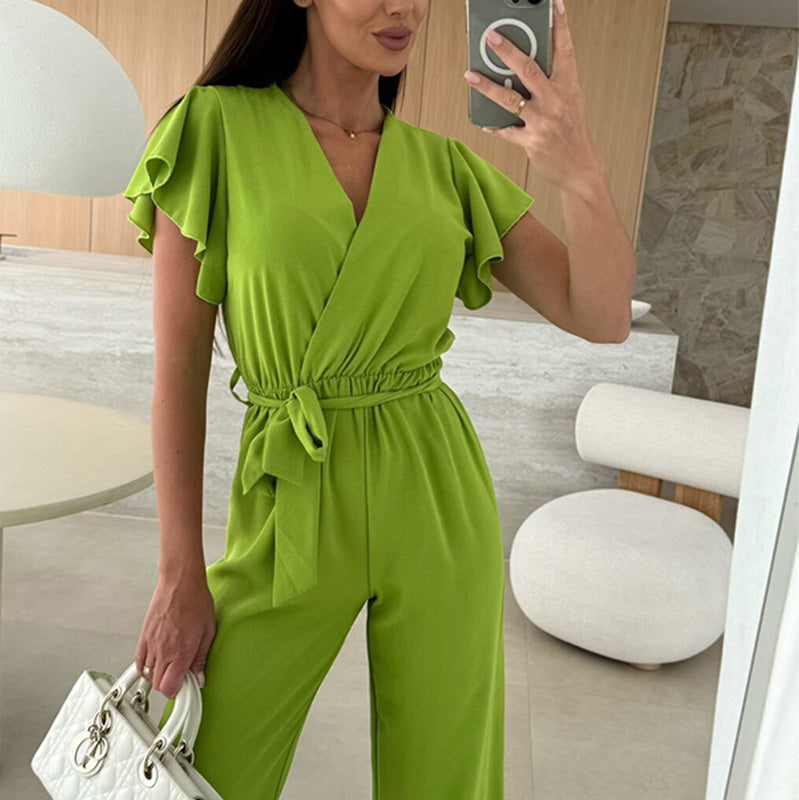 Isolina - Solid Jumpsuit with V-Neckline, Ruffled Sleeves and Wide Legs