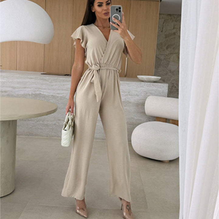 Isolina - Solid Jumpsuit with V-Neckline, Ruffled Sleeves and Wide Legs