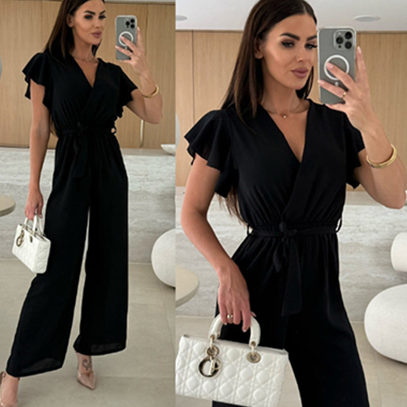 Isolina - Solid Jumpsuit with V-Neckline, Ruffled Sleeves and Wide Legs