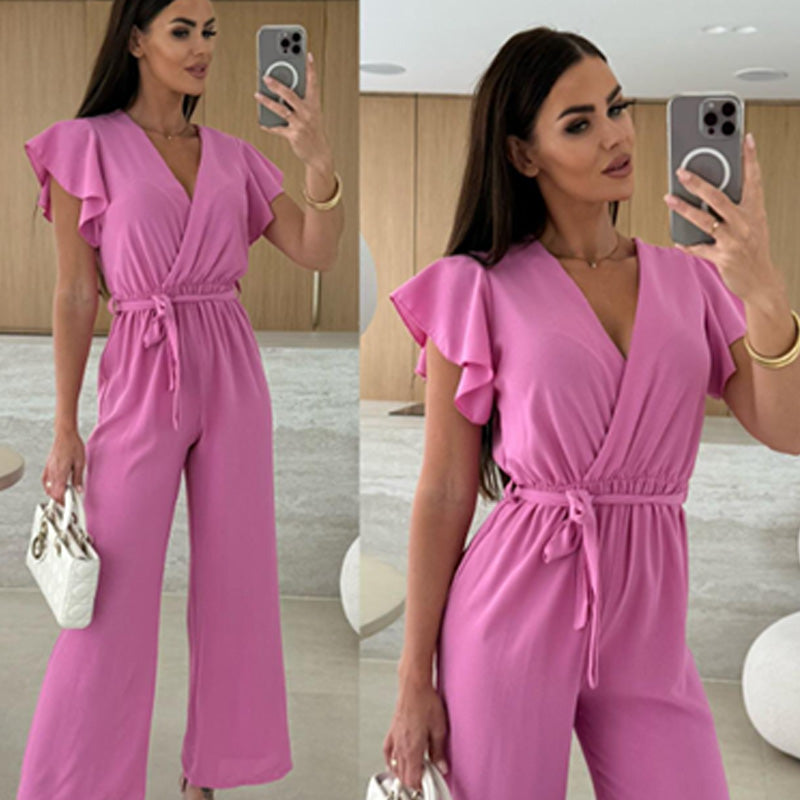 Isolina - Solid Jumpsuit with V-Neckline, Ruffled Sleeves and Wide Legs