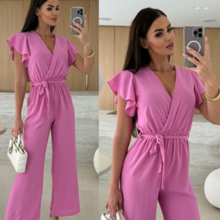 Isolina - Solid Jumpsuit with V-Neckline, Ruffled Sleeves and Wide Legs