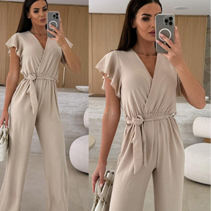 Isolina - Solid Jumpsuit with V-Neckline, Ruffled Sleeves and Wide Legs
