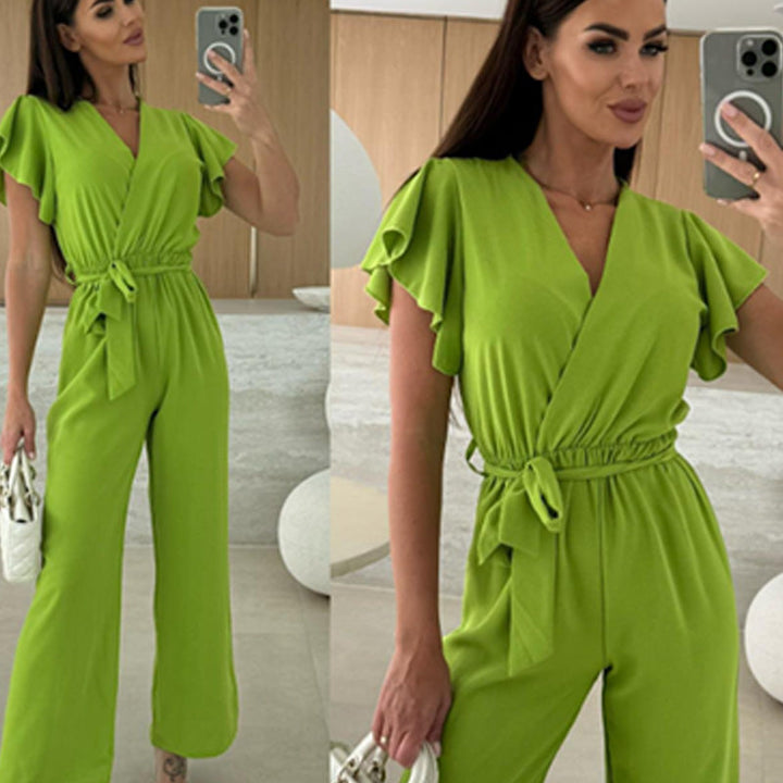 Isolina - Solid Jumpsuit with V-Neckline, Ruffled Sleeves and Wide Legs
