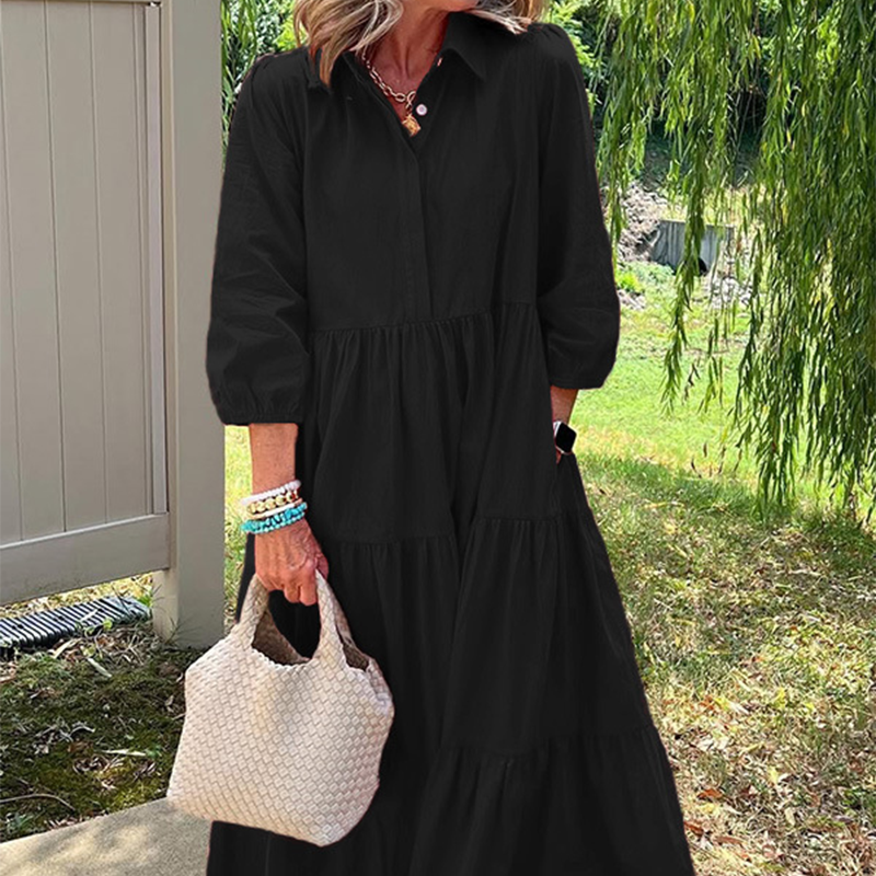 Faelina - Robe décontractée pour femme, coupe ample, col à revers et longueur cheville