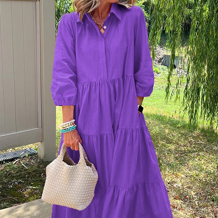 Faelina - Robe décontractée pour femme, coupe ample, col à revers et longueur cheville