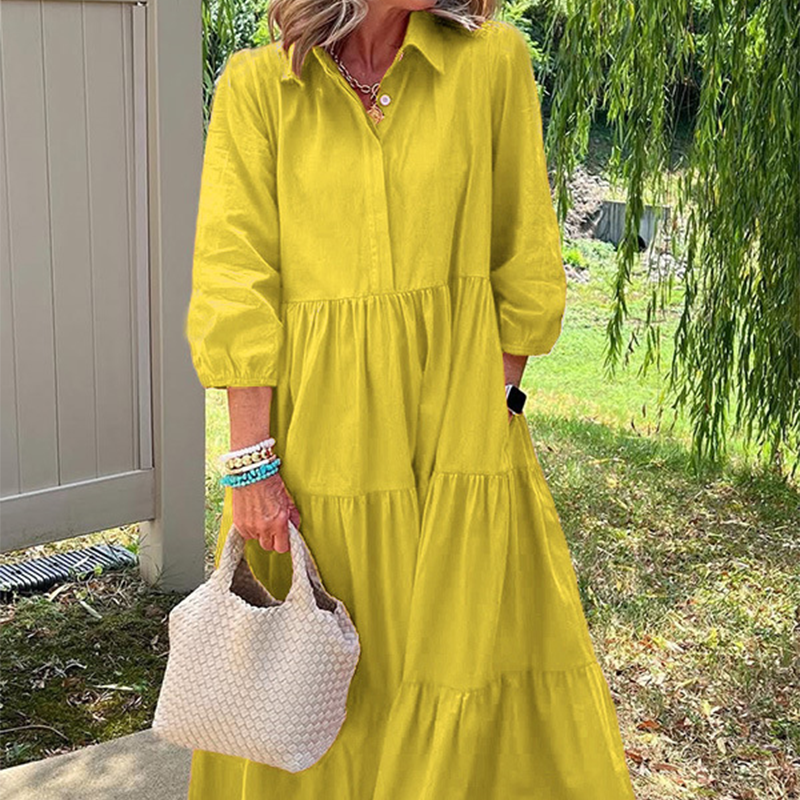 Faelina - Robe décontractée pour femme, coupe ample, col à revers et longueur cheville