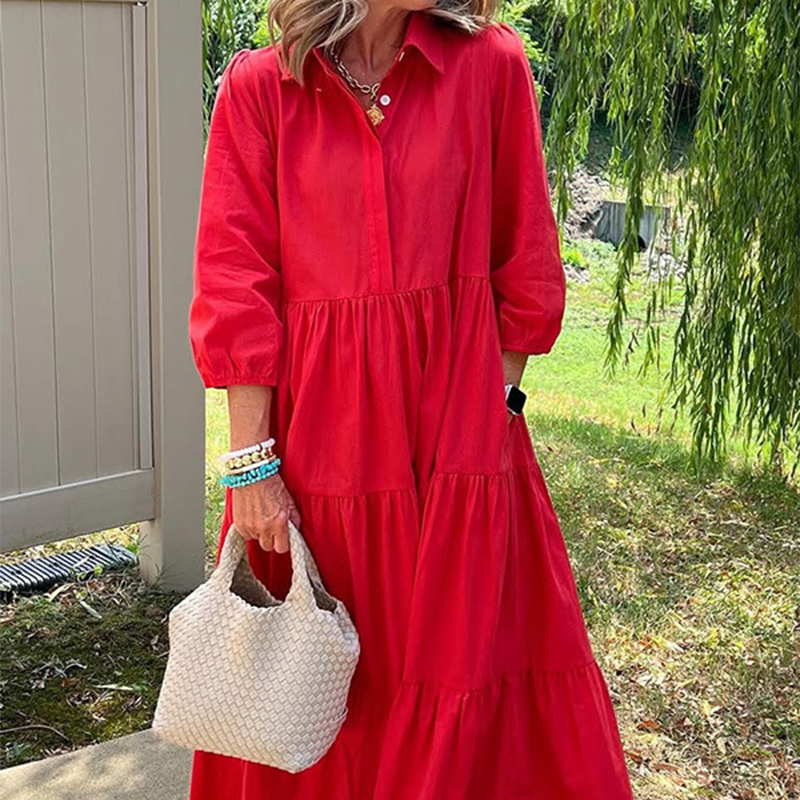 Faelina - Robe décontractée pour femme, coupe ample, col à revers et longueur cheville