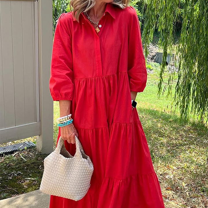 Faelina - Robe décontractée pour femme, coupe ample, col à revers et longueur cheville