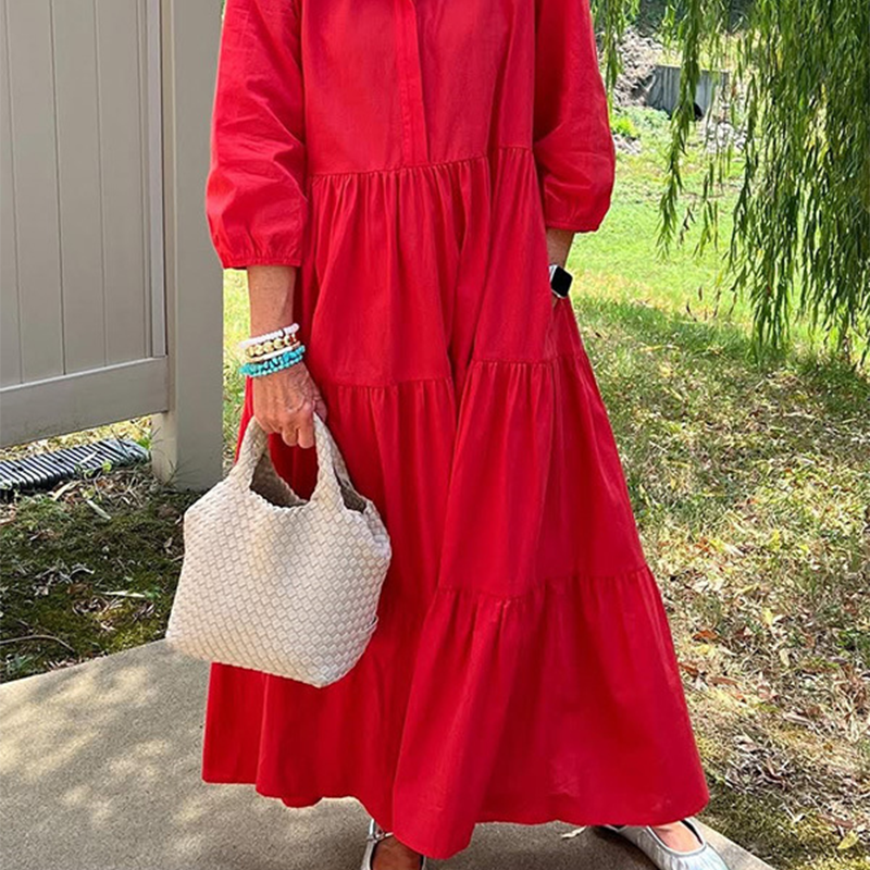 Faelina - Robe décontractée pour femme, coupe ample, col à revers et longueur cheville