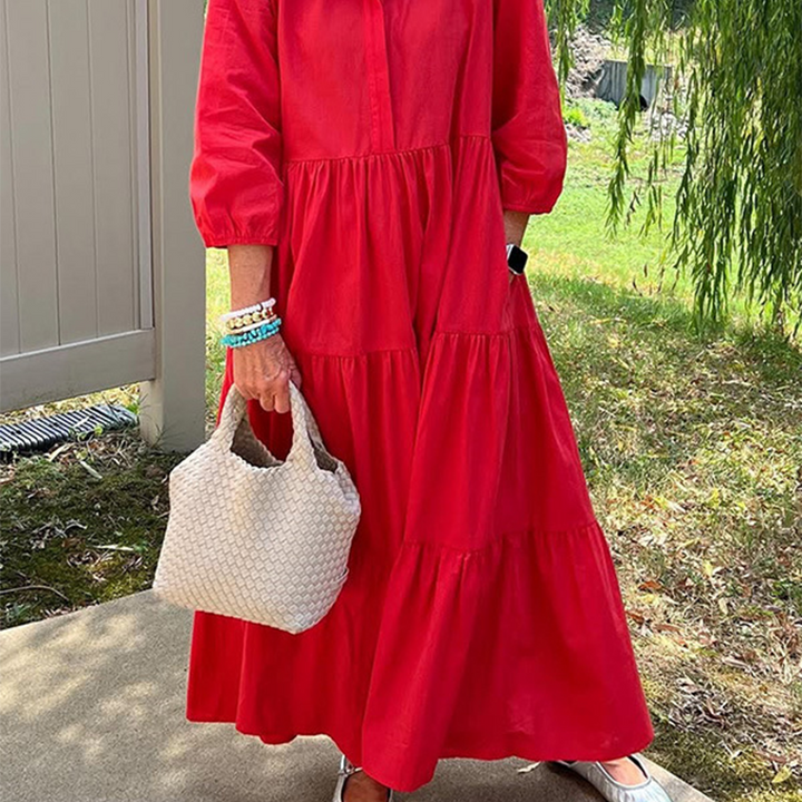 Faelina - Robe décontractée pour femme, coupe ample, col à revers et longueur cheville