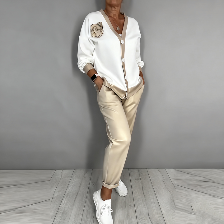 Neravine - Chic V-Neck and High Waisted Pants Set