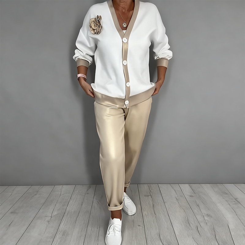 Neravine - Chic V-Neck and High Waisted Pants Set