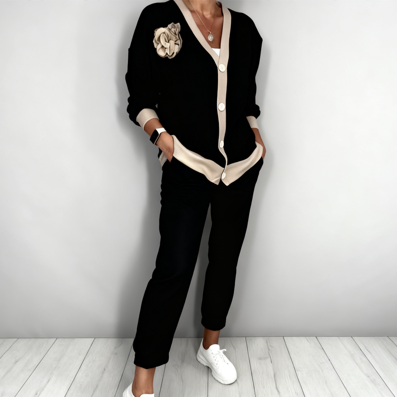 Neravine - Chic V-Neck and High Waisted Pants Set