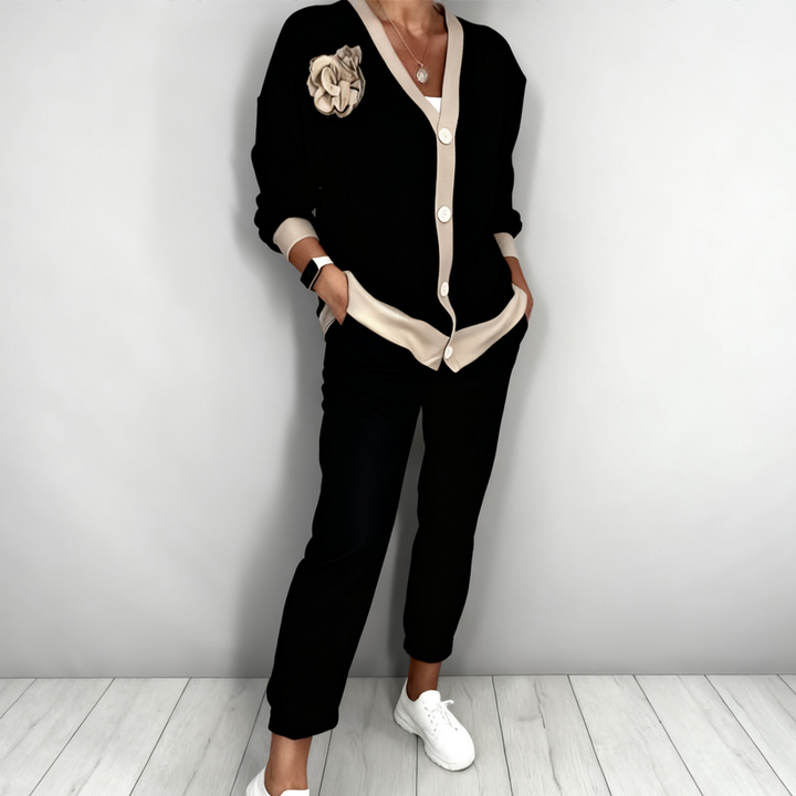 Neravine - Chic V-Neck and High Waisted Pants Set