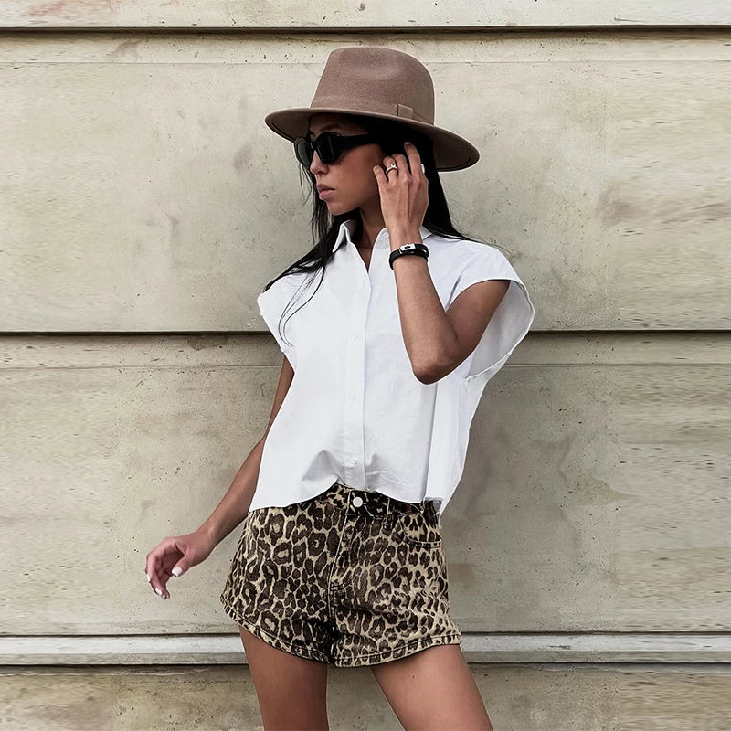 High-Waisted Denim Shorts | Leopard Print with Rolled Hem