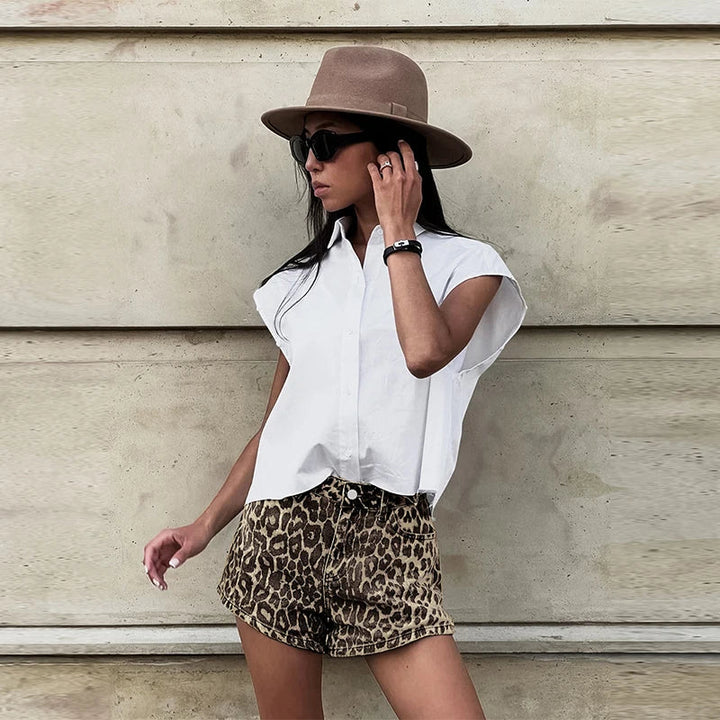 High-Waisted Denim Shorts | Leopard Print with Rolled Hem
