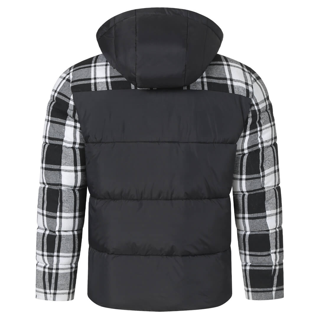 Men’s Hooded Shirt Jacket | Puffer Vest Front & Flannel Sleeves | Layered Hybrid
