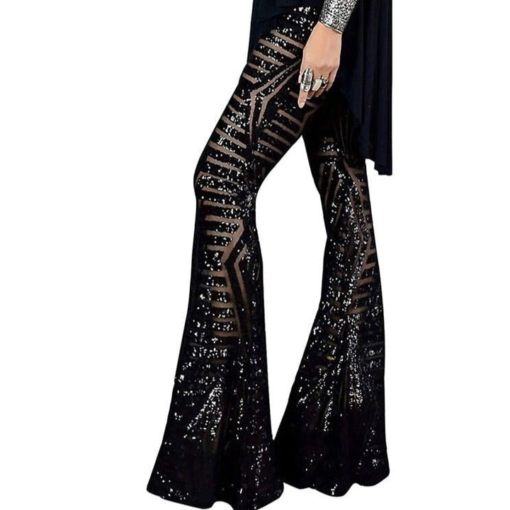 Sequin Flare Party Pants | High-Waisted Glitter Trousers | Geometric Shine Finish